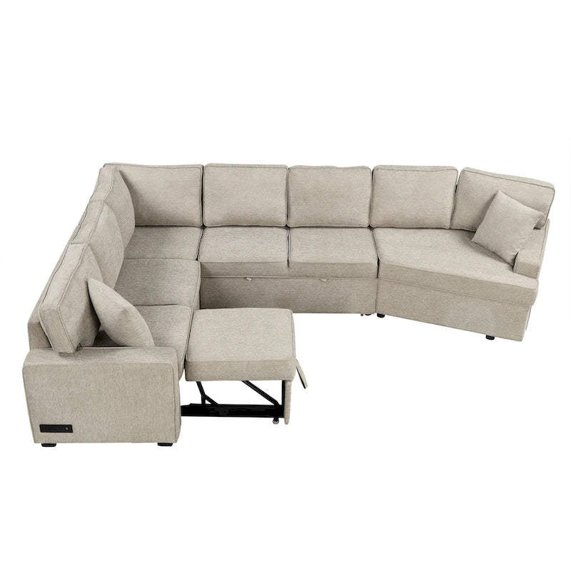Canapé d'angle en forme de L 126" Canapé convertible avec chargeurs et porte-gobelets pour salon, Beige