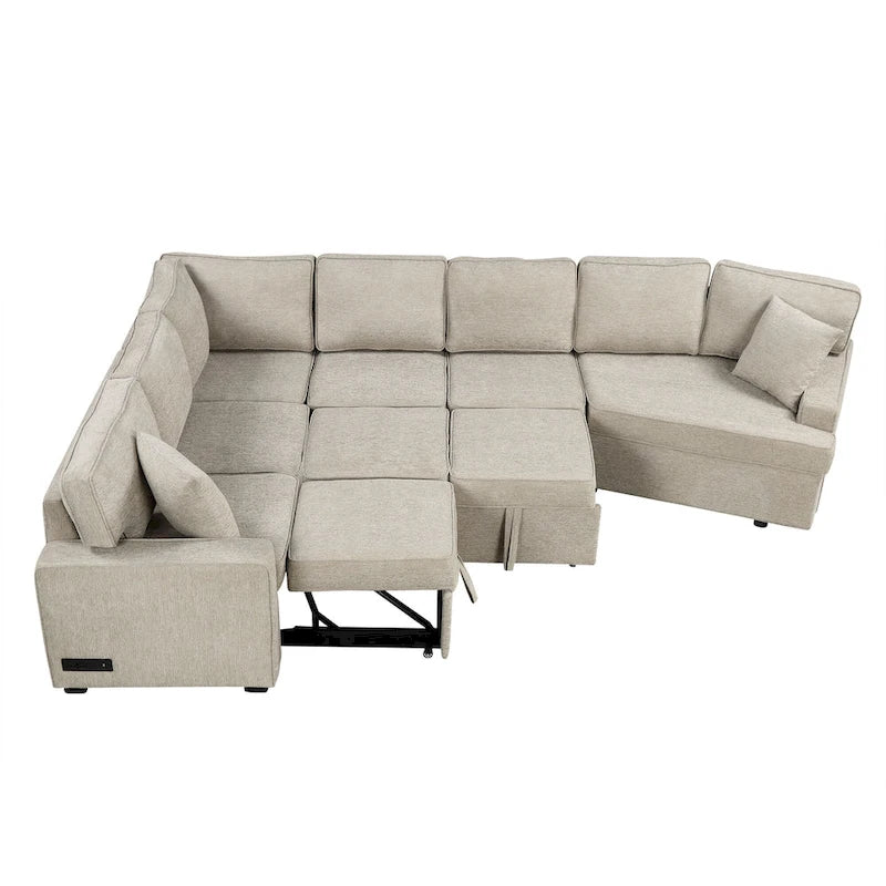 Canapé d'angle en forme de L 126" Canapé convertible avec chargeurs et porte-gobelets pour salon, Beige