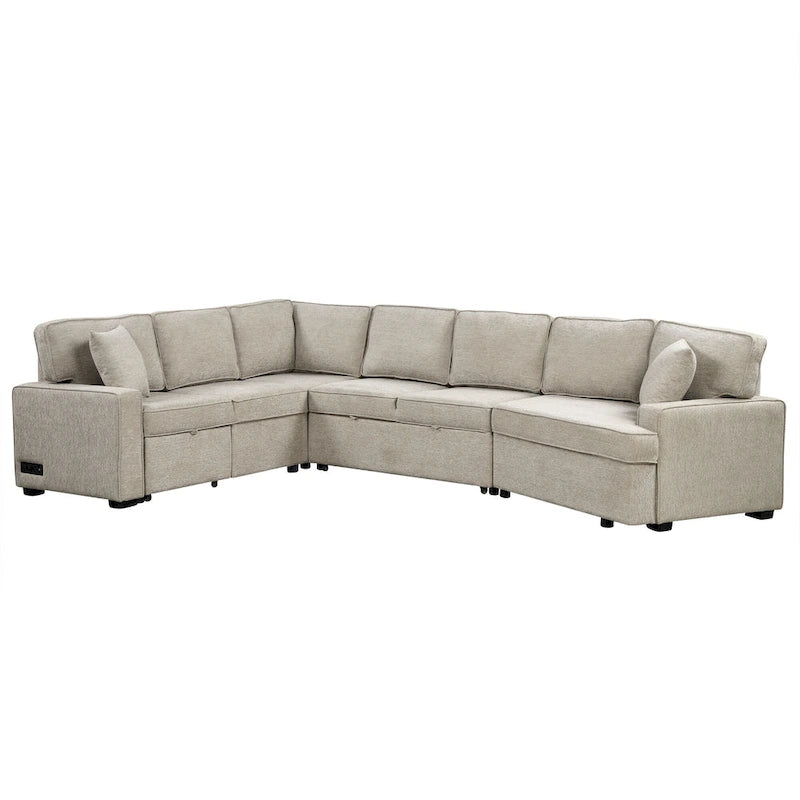 Canapé d'angle en forme de L 126" Canapé convertible avec chargeurs et porte-gobelets pour salon, Beige
