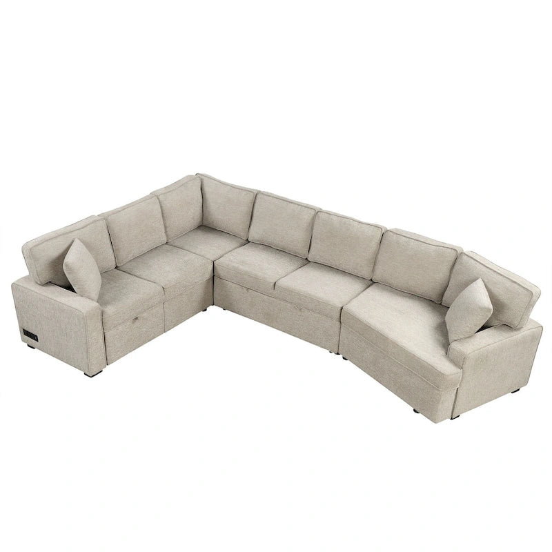 Canapé d'angle en forme de L 126" Canapé convertible avec chargeurs et porte-gobelets pour salon, Beige