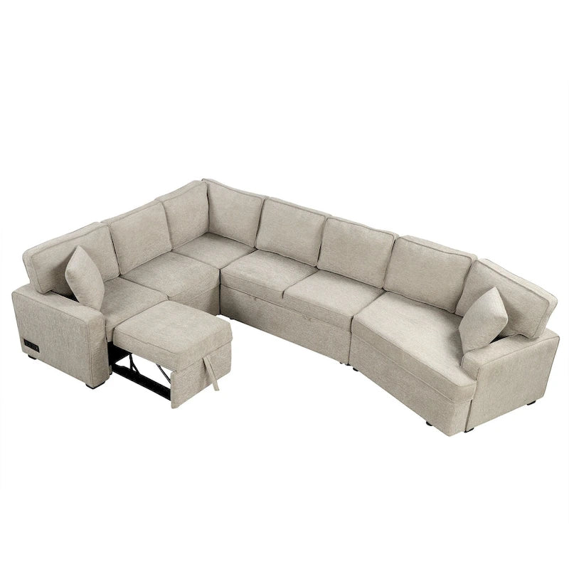 Canapé d'angle en forme de L 126" Canapé convertible avec chargeurs et porte-gobelets pour salon, Beige