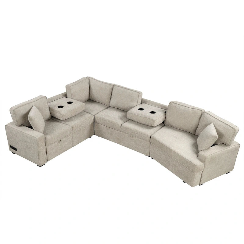 Canapé d'angle en forme de L 126" Canapé convertible avec chargeurs et porte-gobelets pour salon, Beige