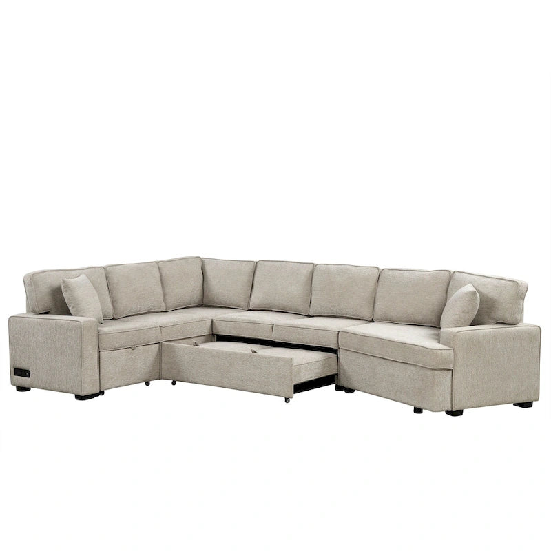 Canapé d'angle en forme de L 126" Canapé convertible avec chargeurs et porte-gobelets pour salon, Beige