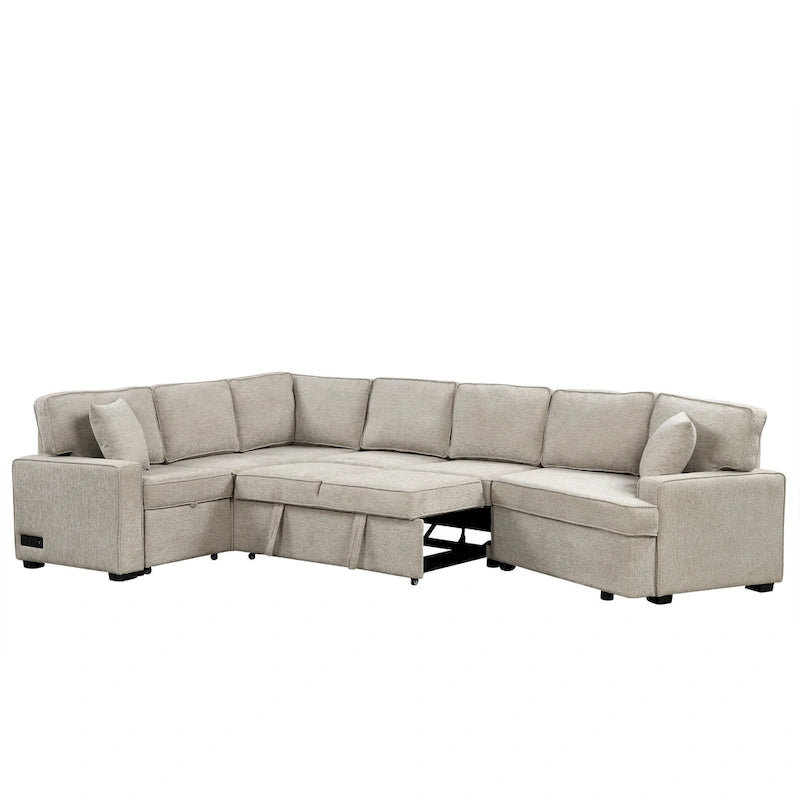 Canapé d'angle en forme de L 126" Canapé convertible avec chargeurs et porte-gobelets pour salon, Beige