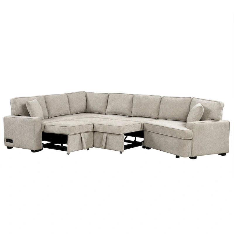 Canapé d'angle en forme de L 126" Canapé convertible avec chargeurs et porte-gobelets pour salon, Beige