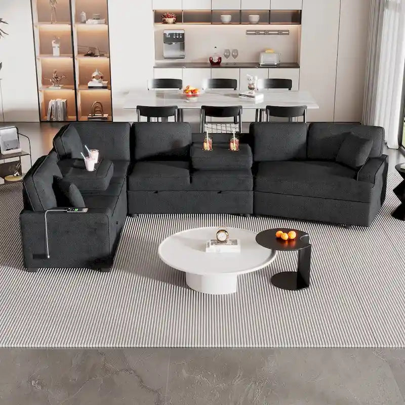 Canapé d'angle en forme de L 126" Canapé convertible avec chargeurs et porte-gobelets pour salon, Beige