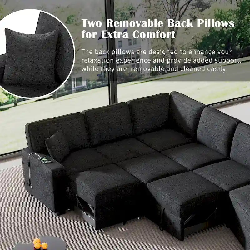 Canapé d'angle en forme de L 126" Canapé convertible avec chargeurs et porte-gobelets pour salon, Beige