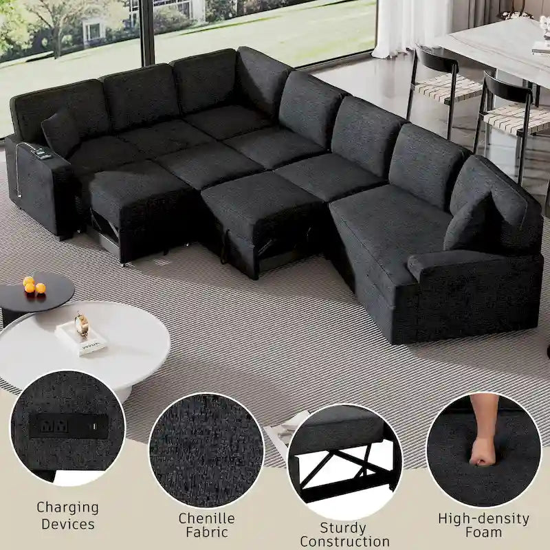 Canapé d'angle en forme de L 126" Canapé convertible avec chargeurs et porte-gobelets pour salon, Beige