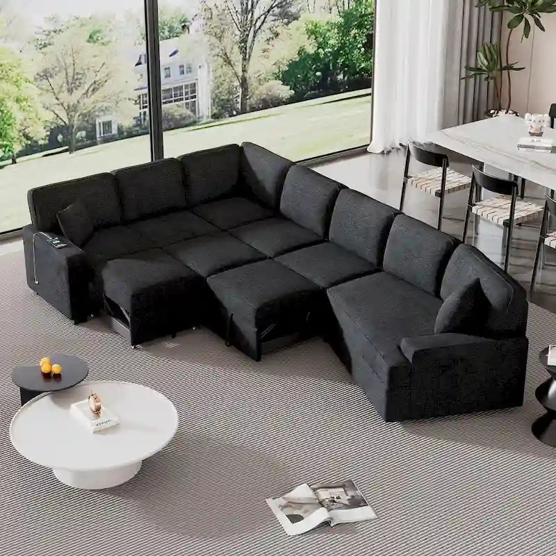 Canapé d'angle en forme de L 126" Canapé convertible avec chargeurs et porte-gobelets pour salon, Beige