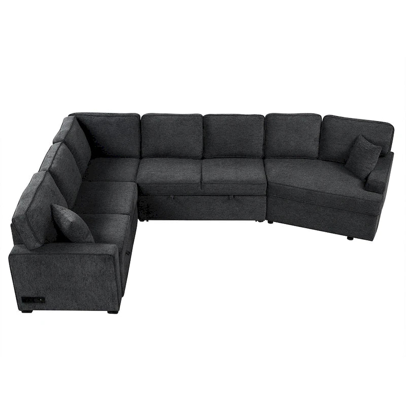 Canapé d'angle en forme de L 126" Canapé convertible avec chargeurs et porte-gobelets pour salon, Beige