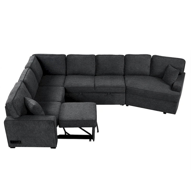 Canapé d'angle en forme de L 126" Canapé convertible avec chargeurs et porte-gobelets pour salon, Beige