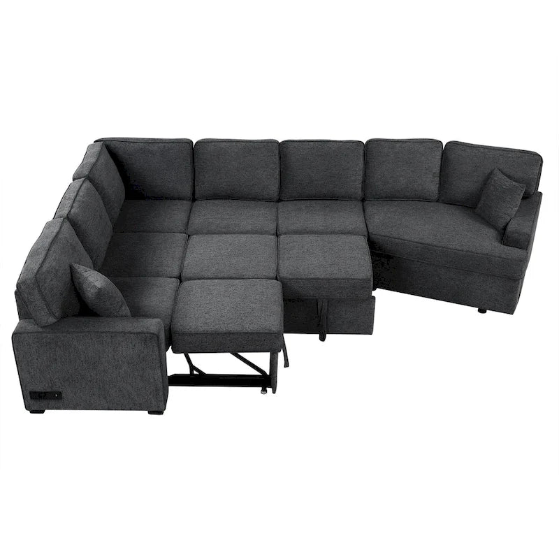 Canapé d'angle en forme de L 126" Canapé convertible avec chargeurs et porte-gobelets pour salon, Beige