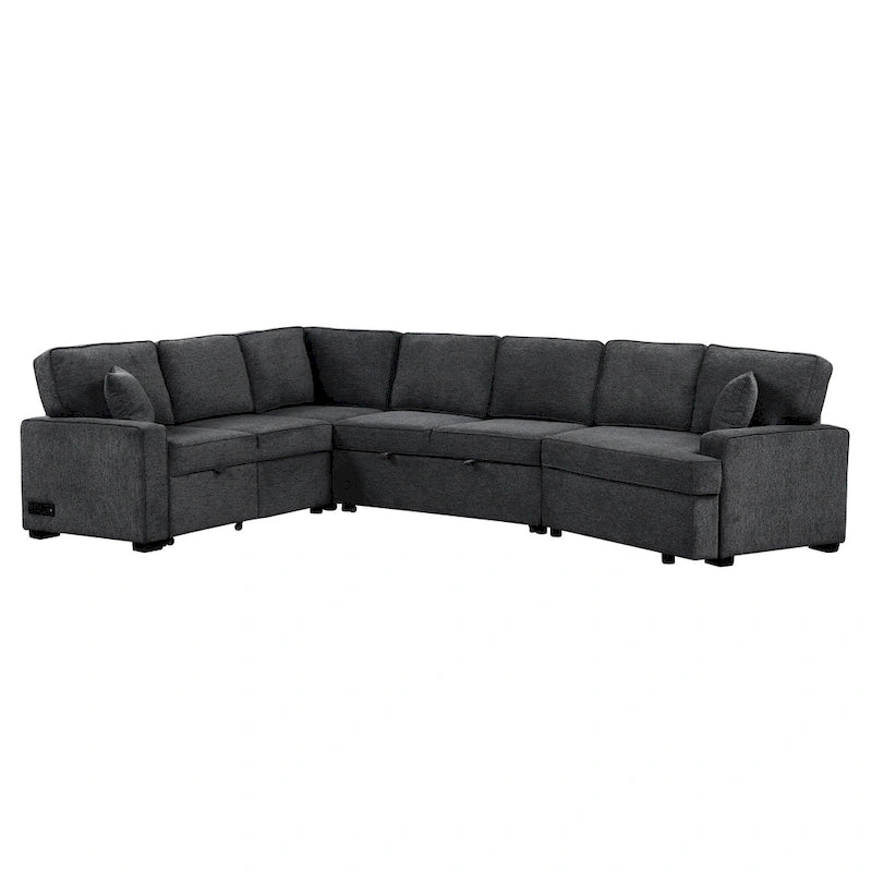 Canapé d'angle en forme de L 126" Canapé convertible avec chargeurs et porte-gobelets pour salon, Beige