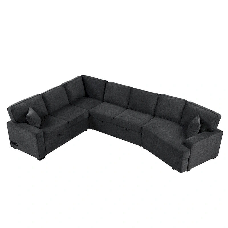 Canapé d'angle en forme de L 126" Canapé convertible avec chargeurs et porte-gobelets pour salon, Beige