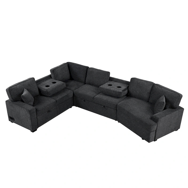 Canapé d'angle en forme de L 126" Canapé convertible avec chargeurs et porte-gobelets pour salon, Beige