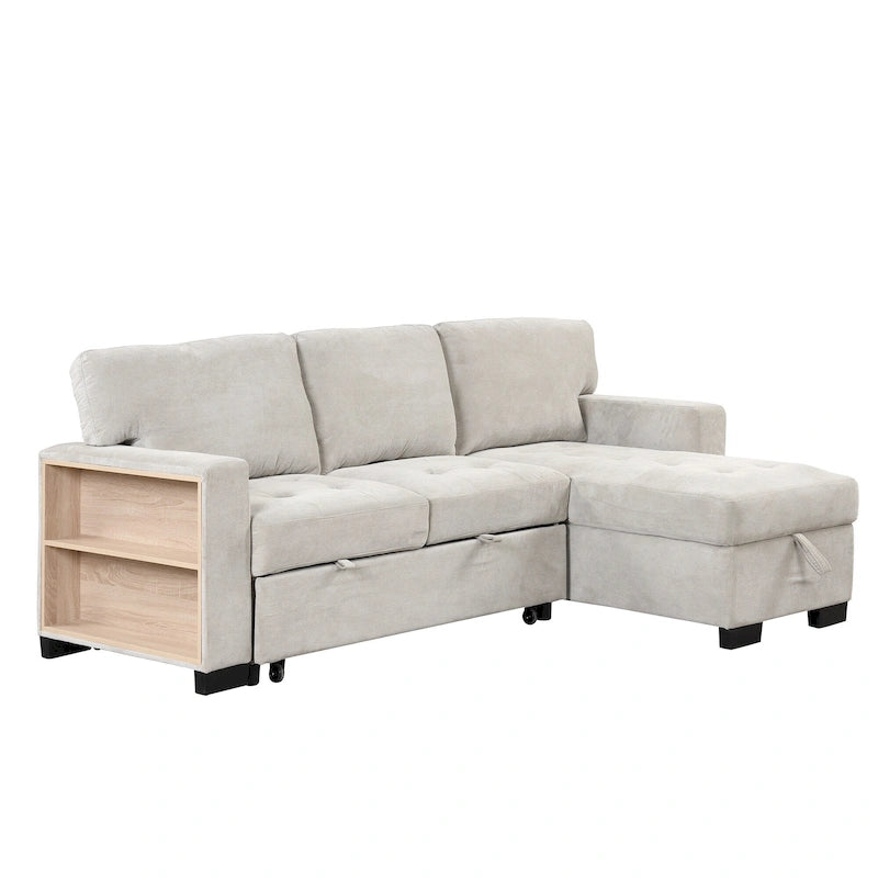 Canapé d'angle élégant et fonctionnel avec rangement, lit gigogne, table escamotable et chargeur USB, beige