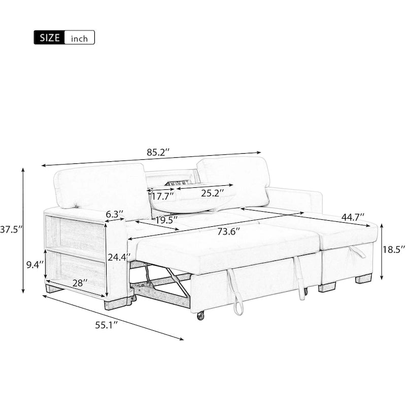Canapé d'angle élégant et fonctionnel avec rangement, lit gigogne, table escamotable et chargeur USB, beige