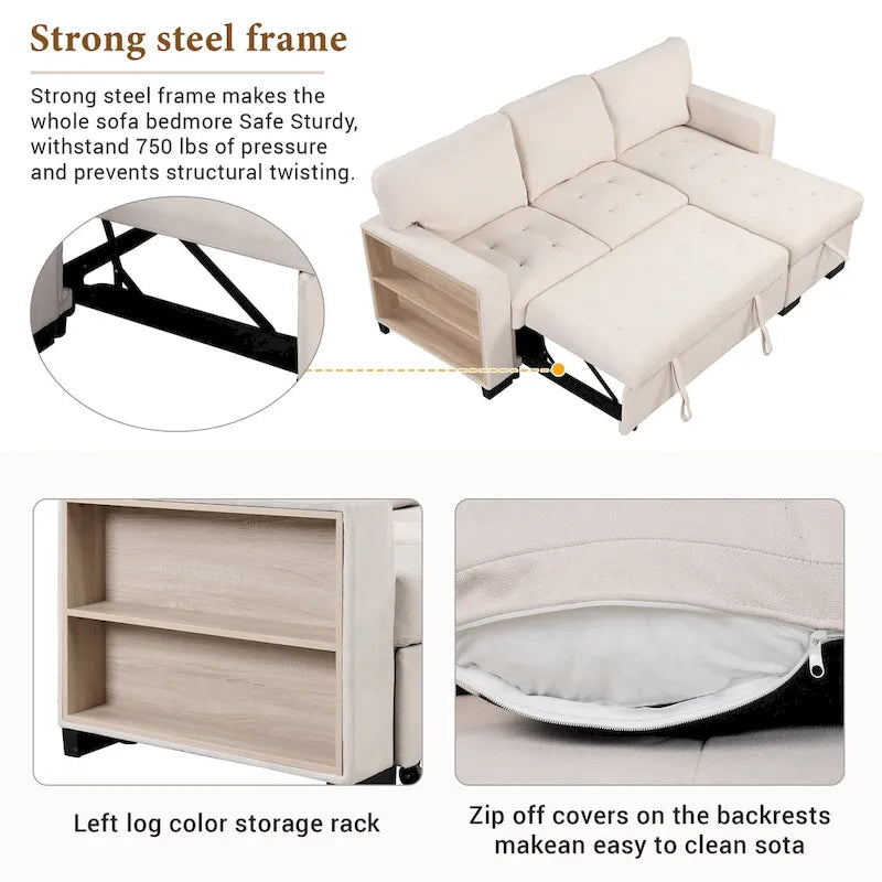 Canapé d'angle élégant et fonctionnel avec rangement, lit gigogne, table escamotable et chargeur USB, beige