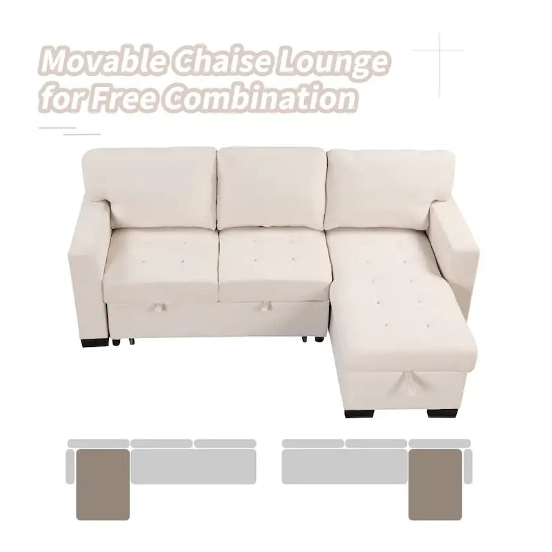 Canapé d'angle élégant et fonctionnel avec rangement, lit gigogne, table escamotable et chargeur USB, beige