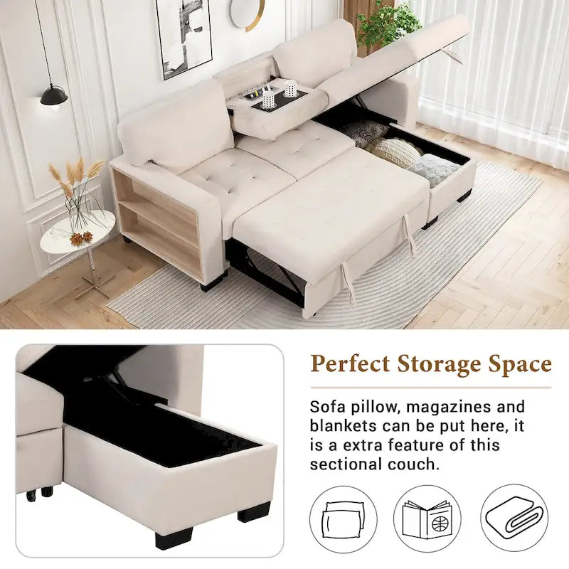 Canapé d'angle élégant et fonctionnel avec rangement, lit gigogne, table escamotable et chargeur USB, beige