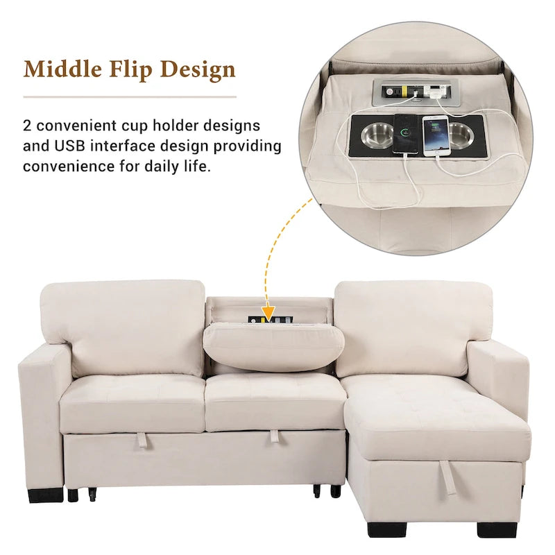 Canapé d'angle élégant et fonctionnel avec rangement, lit gigogne, table escamotable et chargeur USB, beige