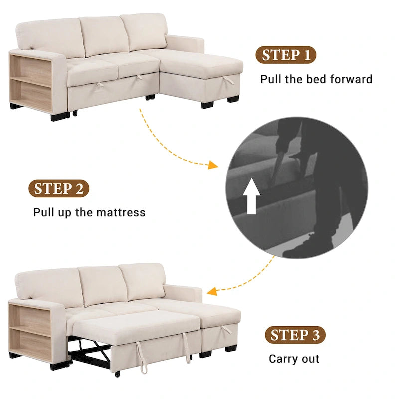 Canapé d'angle élégant et fonctionnel avec rangement, lit gigogne, table escamotable et chargeur USB, beige