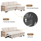 Canapé d'angle élégant et fonctionnel avec rangement, lit gigogne, table escamotable et chargeur USB, beige