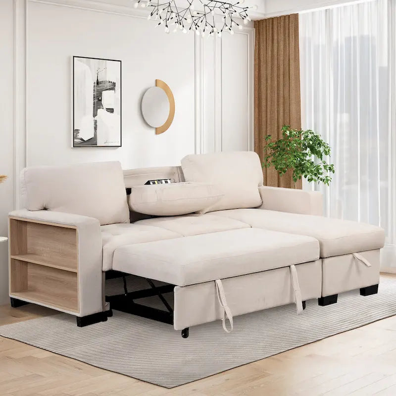 Canapé d'angle élégant et fonctionnel avec rangement, lit gigogne, table escamotable et chargeur USB, beige