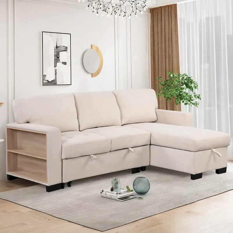 Canapé d'angle élégant et fonctionnel avec rangement, lit gigogne, table escamotable et chargeur USB, beige