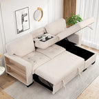 Canapé d'angle élégant et fonctionnel avec rangement, lit gigogne, table escamotable et chargeur USB, beige