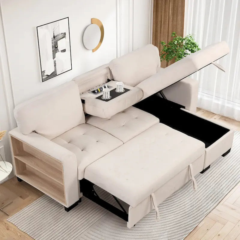 Canapé d'angle élégant et fonctionnel avec rangement, lit gigogne, table escamotable et chargeur USB, beige