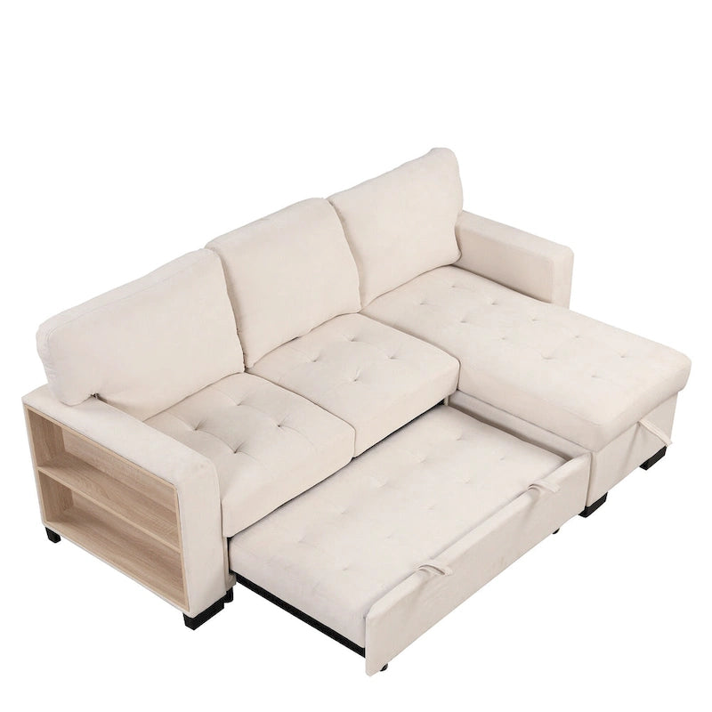 Canapé d'angle élégant et fonctionnel avec rangement, lit gigogne, table escamotable et chargeur USB, beige