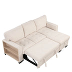 Canapé d'angle élégant et fonctionnel avec rangement, lit gigogne, table escamotable et chargeur USB, beige