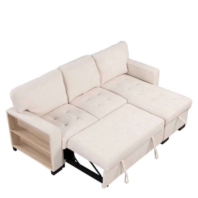 Canapé d'angle élégant et fonctionnel avec rangement, lit gigogne, table escamotable et chargeur USB, beige