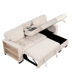 Canapé d'angle élégant et fonctionnel avec rangement, lit gigogne, table escamotable et chargeur USB, beige