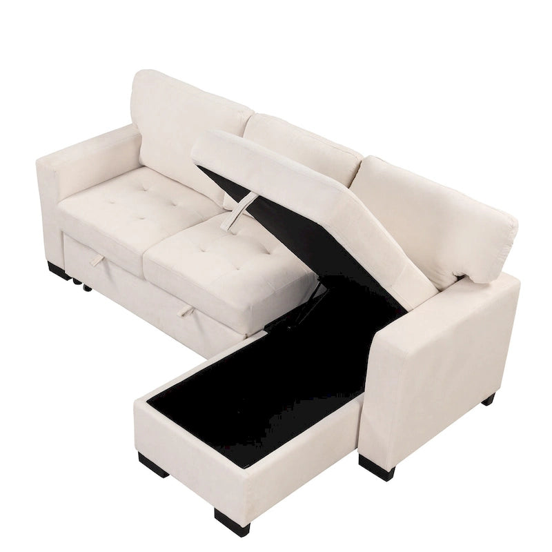 Canapé d'angle élégant et fonctionnel avec rangement, lit gigogne, table escamotable et chargeur USB, beige