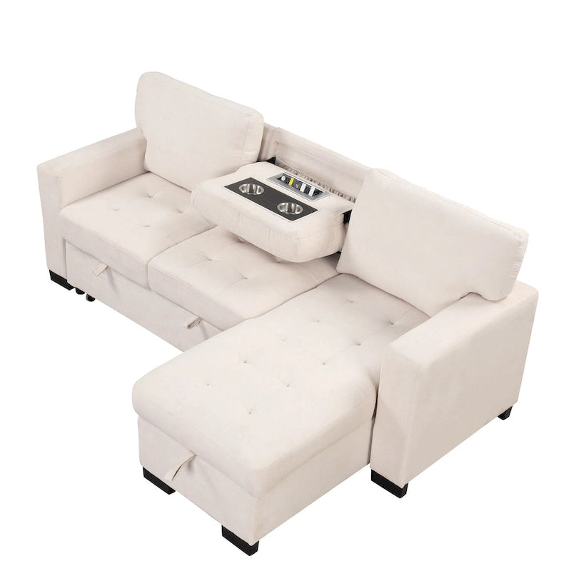 Canapé d'angle élégant et fonctionnel avec rangement, lit gigogne, table escamotable et chargeur USB, beige