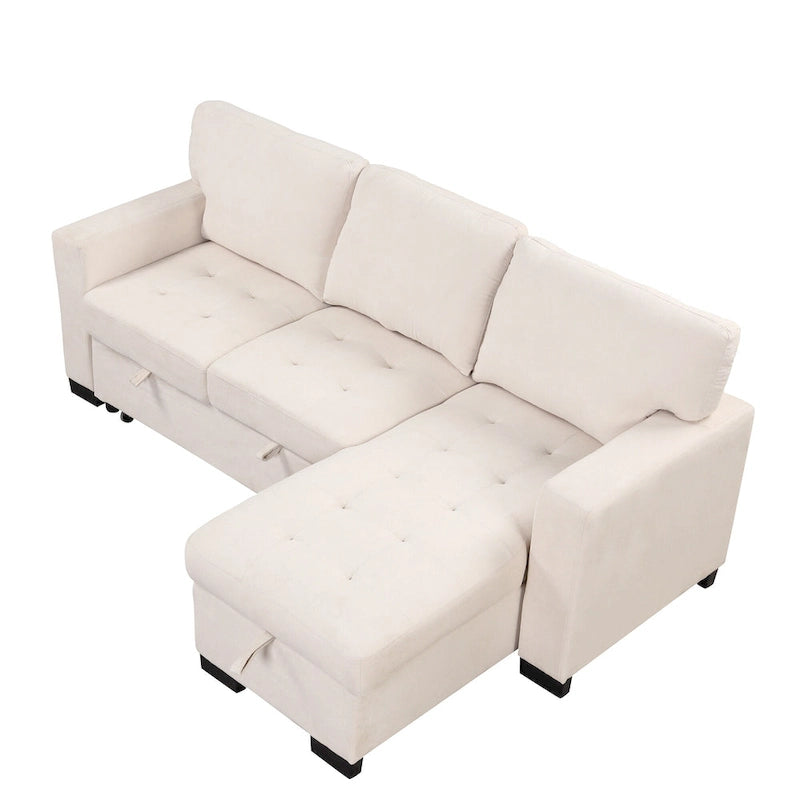 Canapé d'angle élégant et fonctionnel avec rangement, lit gigogne, table escamotable et chargeur USB, beige