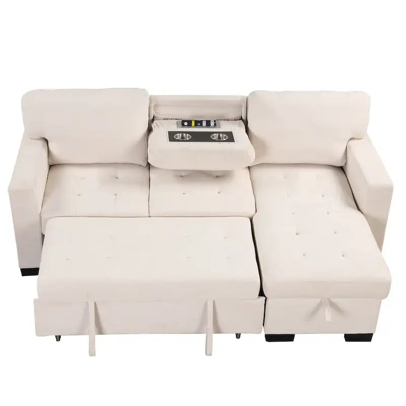 Canapé d'angle élégant et fonctionnel avec rangement, lit gigogne, table escamotable et chargeur USB, beige
