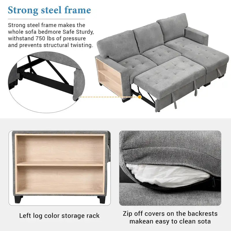 Canapé d'angle élégant et fonctionnel avec rangement, lit gigogne, table escamotable et chargeur USB, beige