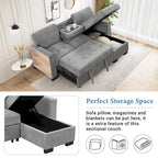 Canapé d'angle élégant et fonctionnel avec rangement, lit gigogne, table escamotable et chargeur USB, beige