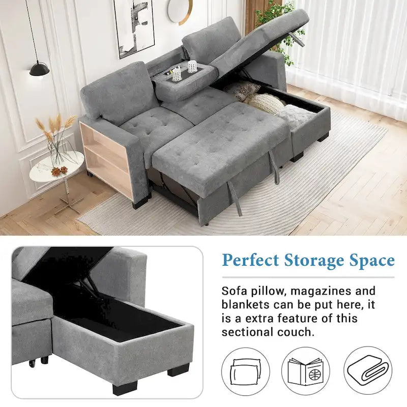 Canapé d'angle élégant et fonctionnel avec rangement, lit gigogne, table escamotable et chargeur USB, beige