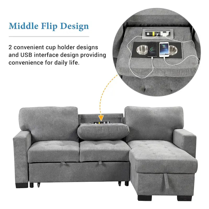 Canapé d'angle élégant et fonctionnel avec rangement, lit gigogne, table escamotable et chargeur USB, beige