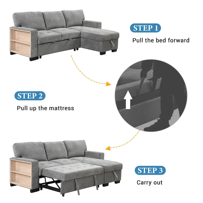 Canapé d'angle élégant et fonctionnel avec rangement, lit gigogne, table escamotable et chargeur USB, beige