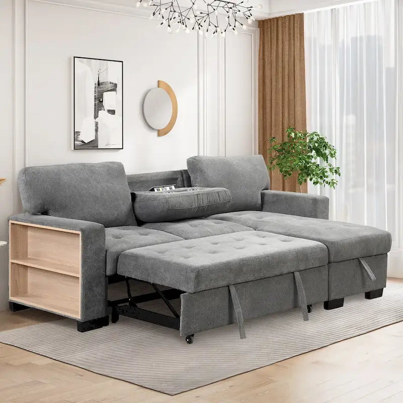 Canapé d'angle élégant et fonctionnel avec rangement, lit gigogne, table escamotable et chargeur USB, beige