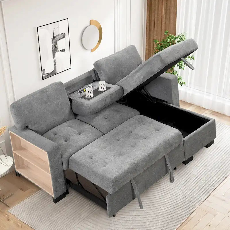 Canapé d'angle élégant et fonctionnel avec rangement, lit gigogne, table escamotable et chargeur USB, beige