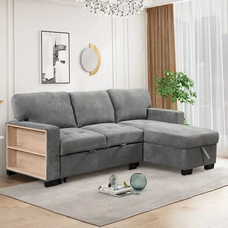 Canapé d'angle élégant et fonctionnel avec rangement, lit gigogne, table escamotable et chargeur USB, beige