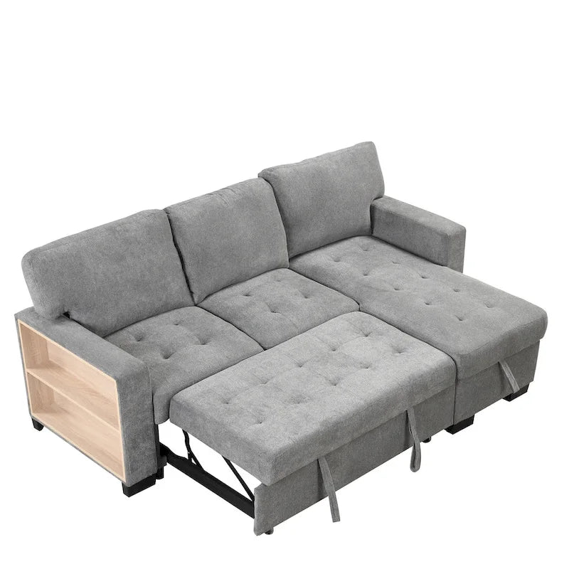 Canapé d'angle élégant et fonctionnel avec rangement, lit gigogne, table escamotable et chargeur USB, beige