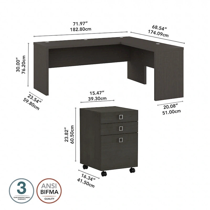 Scrivania angolare da 72" con mobile schedario a 3 cassetti