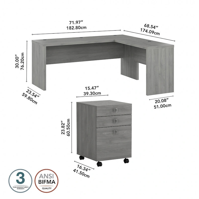 Scrivania angolare da 72" con mobile schedario a 3 cassetti